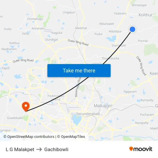 L G Malakpet to Gachibowli map