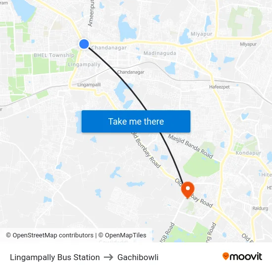 Lingampally Bus Station to Gachibowli map