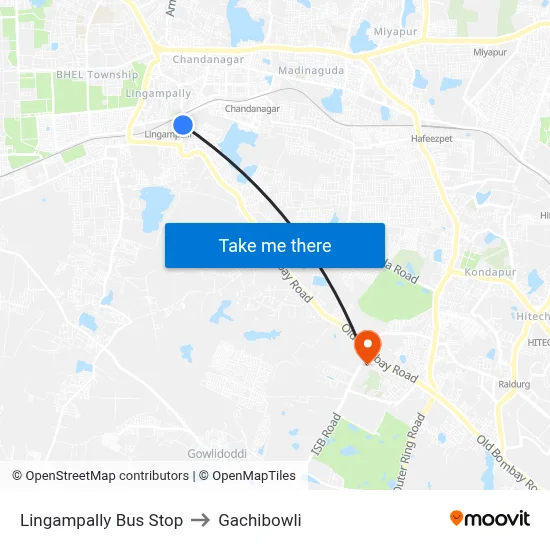 Lingampally Bus Stop to Gachibowli map