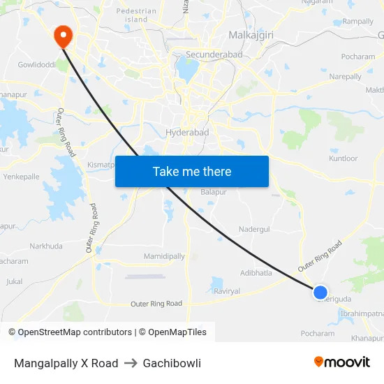 Mangalpally X Road to Gachibowli map