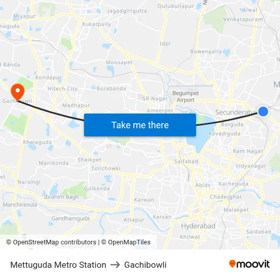 Mettuguda Metro Station to Gachibowli map