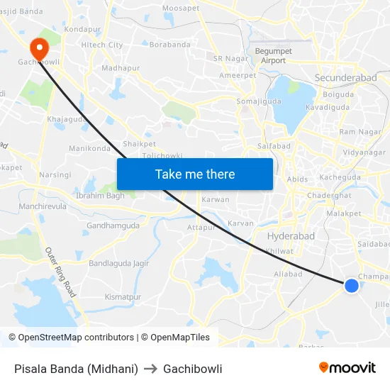 Pisala Banda (Midhani) to Gachibowli map