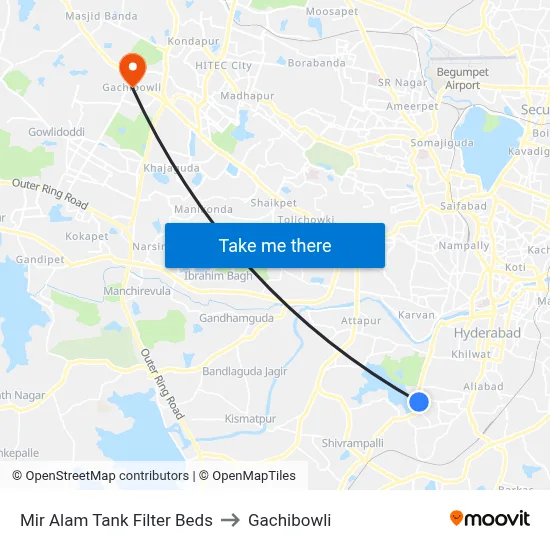 Mir Alam Tank Filter Beds to Gachibowli map