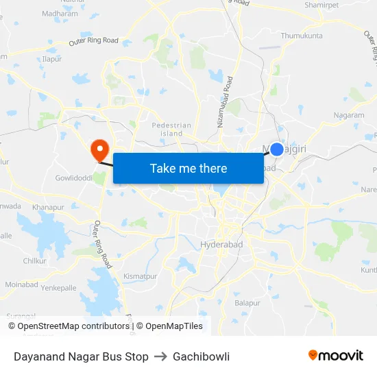 Dayanand Nagar Bus Stop to Gachibowli map