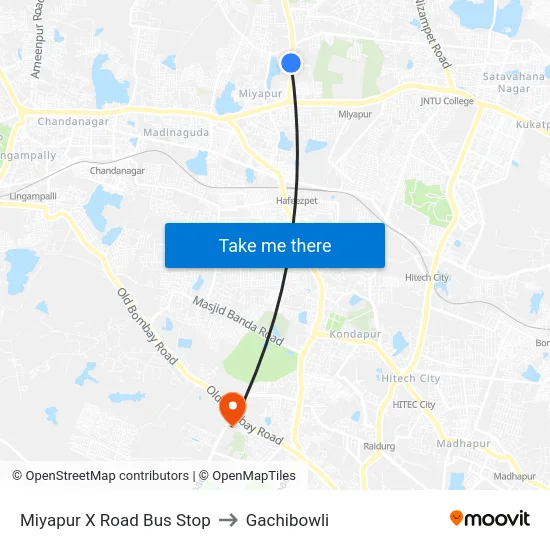 Miyapur X Road Bus Stop to Gachibowli map