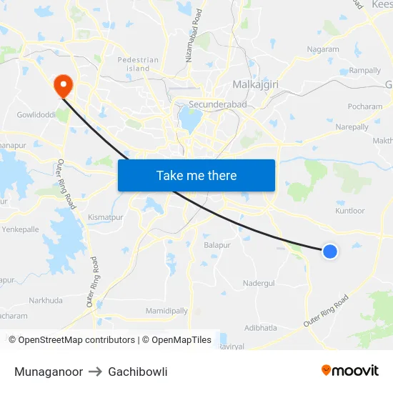 Munaganoor to Gachibowli map
