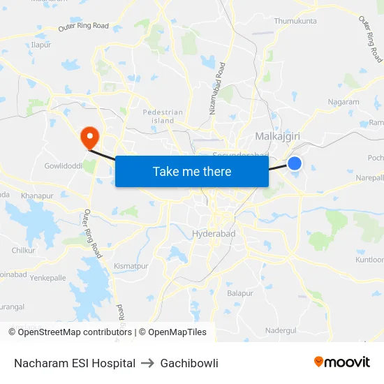 Nacharam ESI Hospital to Gachibowli map