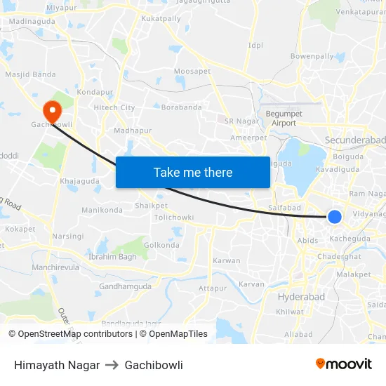 Himayath Nagar to Gachibowli map