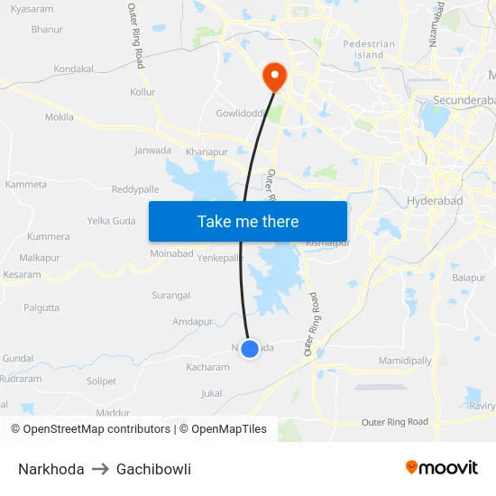 Narkhoda to Gachibowli map