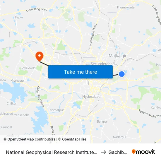 National Geophysical Research Institute (N.G.R.I) to Gachibowli map
