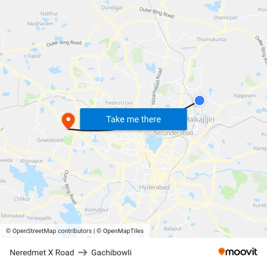 Neredmet X Road to Gachibowli map