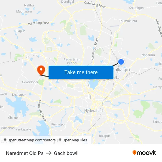 Neredmet Old Ps to Gachibowli map