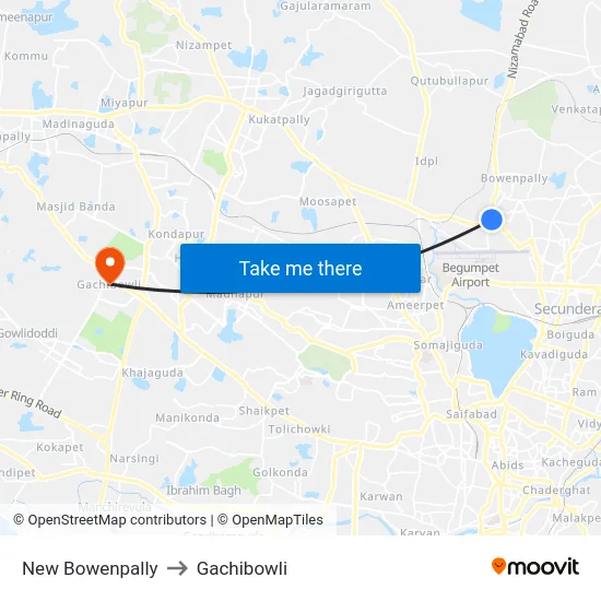 New Bowenpally to Gachibowli map