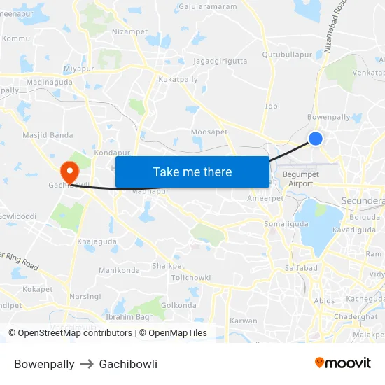 Bowenpally to Gachibowli map
