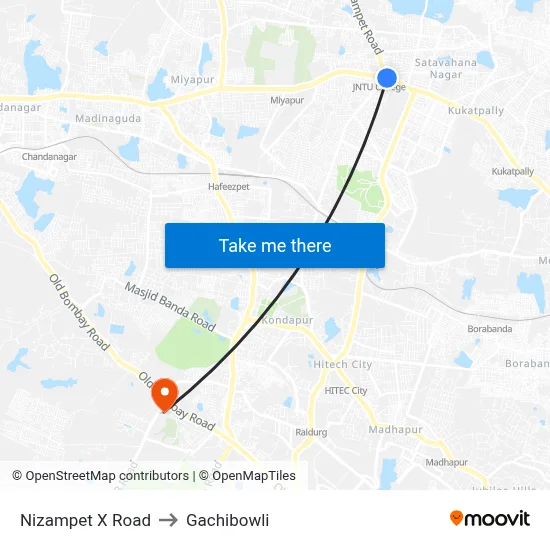Nizampet X Road to Gachibowli map