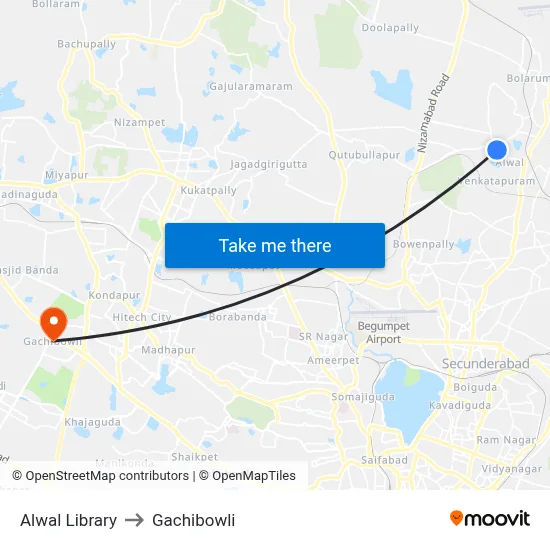 Alwal Library to Gachibowli map