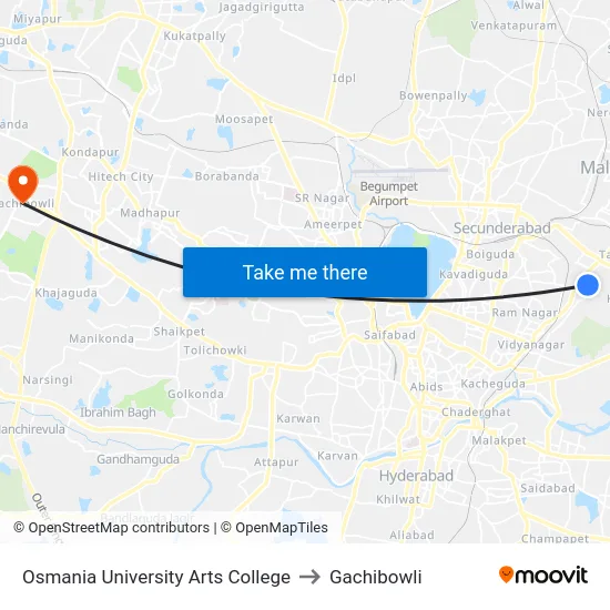 Osmania University Arts College to Gachibowli map