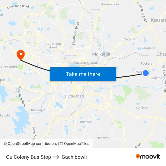 Ou Colony Bus Stop to Gachibowli map