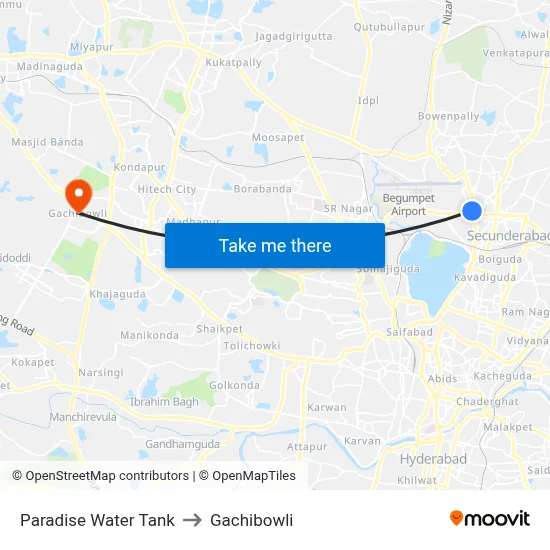 Paradise Water Tank to Gachibowli map