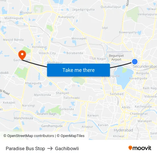 Paradise Bus Stop to Gachibowli map