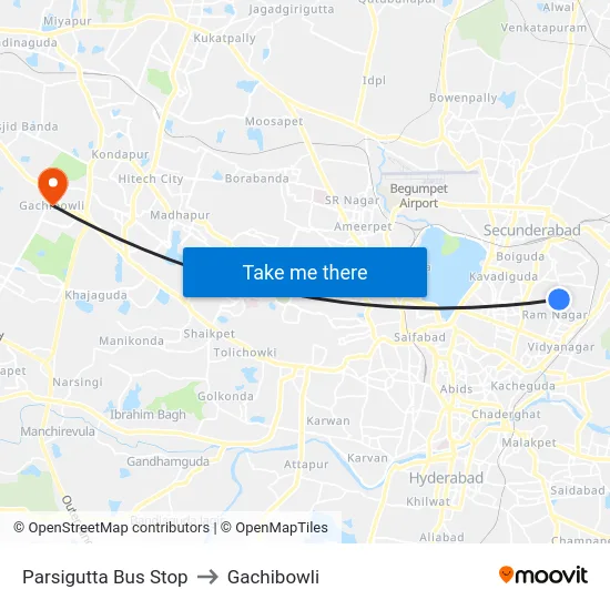 Parsigutta Bus Stop to Gachibowli map