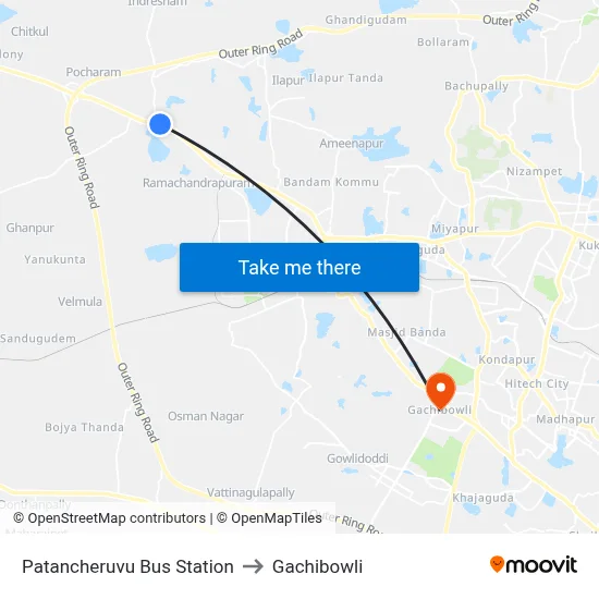 Patancheruvu Bus Station to Gachibowli map