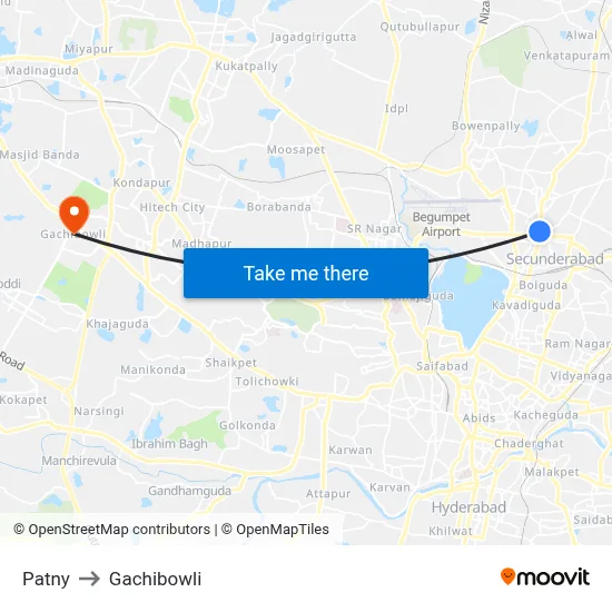 Patny to Gachibowli map