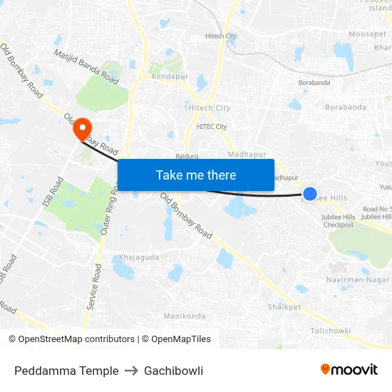 Peddamma Temple to Gachibowli map