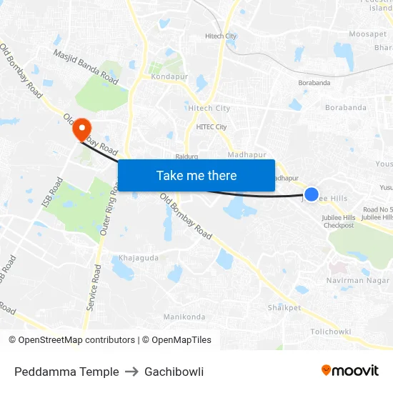Peddamma Temple to Gachibowli map
