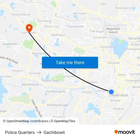 Police Quarters to Gachibowli map