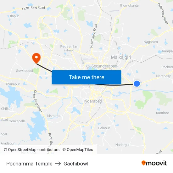Pochamma Temple to Gachibowli map