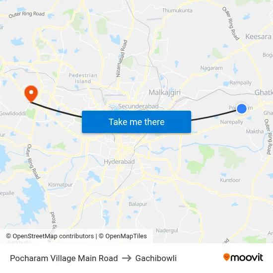 Pocharam Village Main Road to Gachibowli map