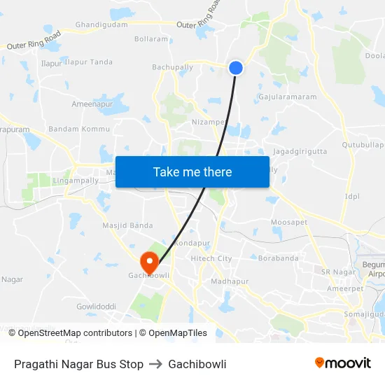 Pragathi Nagar Bus Stop to Gachibowli map