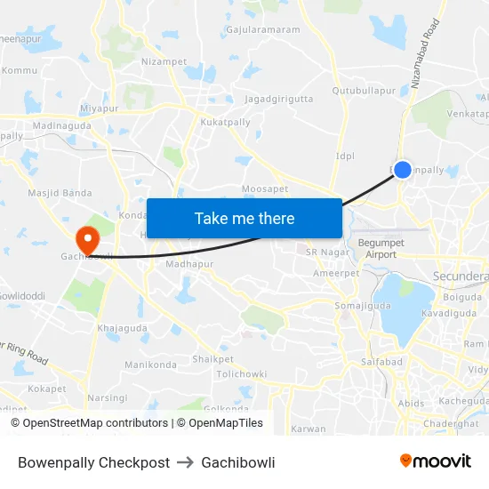 Bowenpally Checkpost to Gachibowli map