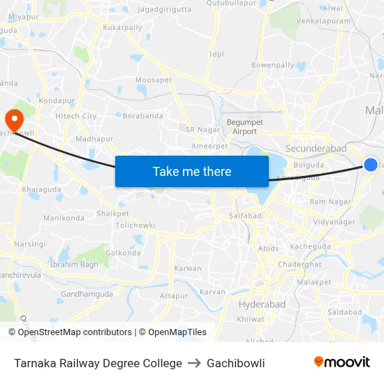 Tarnaka Railway Degree College to Gachibowli map