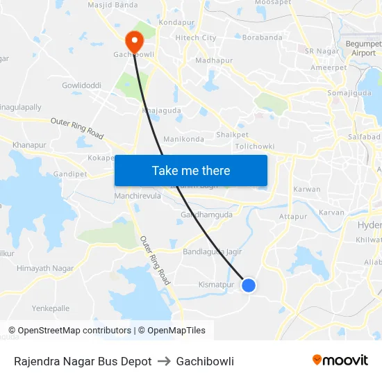 Rajendra Nagar Bus Depot to Gachibowli map