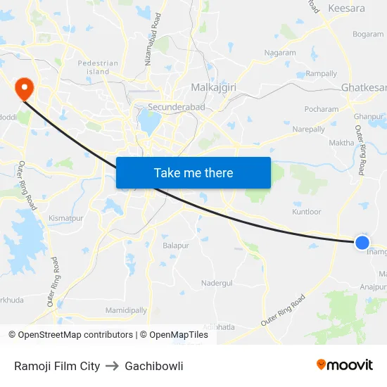 Ramoji Film City to Gachibowli map