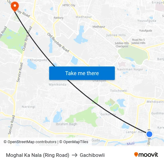 Moghal Ka Nala (Ring Road) to Gachibowli map