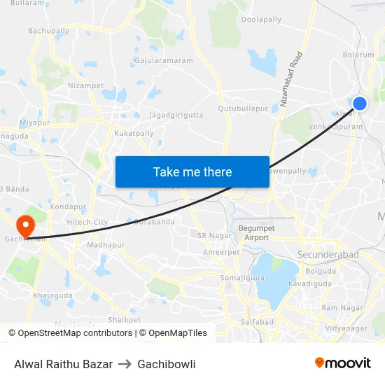 Alwal Raithu Bazar to Gachibowli map