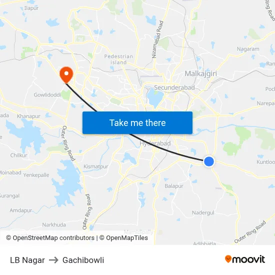 LB Nagar to Gachibowli map