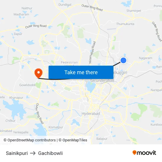 Sainikpuri to Gachibowli map