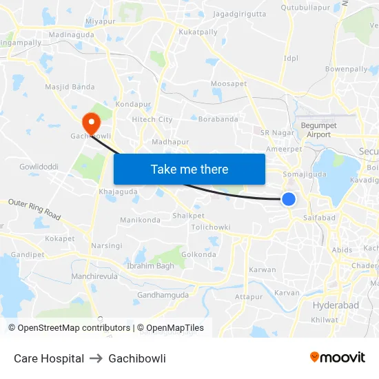 Care Hospital to Gachibowli map