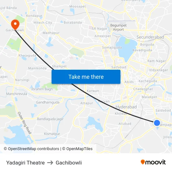 Yadagiri Theatre to Gachibowli map