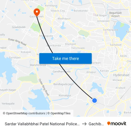 Sardar Vallabhbhai Patel National Police Academy to Gachibowli map