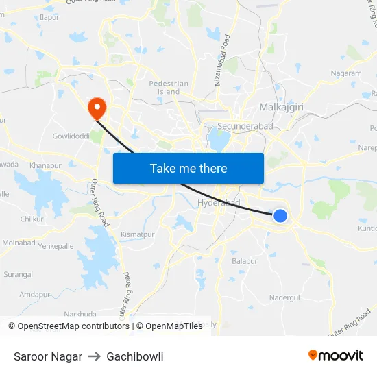 Saroor Nagar to Gachibowli map