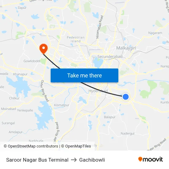 Saroor Nagar Bus Terminal to Gachibowli map