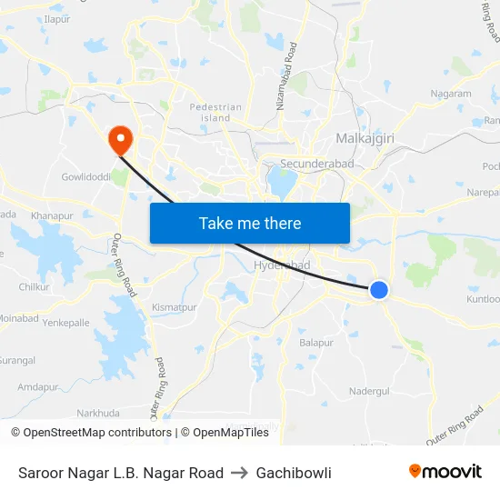 Saroor Nagar L.B. Nagar Road to Gachibowli map