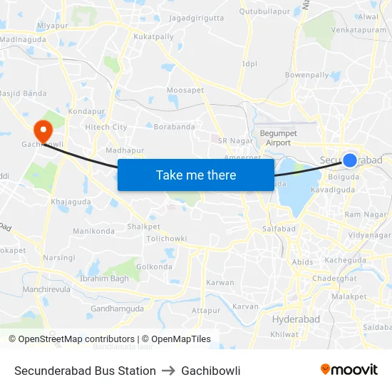 Secunderabad Bus Station to Gachibowli map