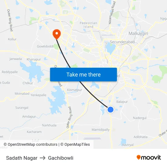 Sadath Nagar to Gachibowli map