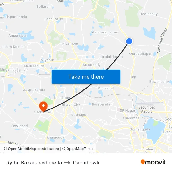 Rythu Bazar Jeedimetla to Gachibowli map
